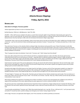 Atlanta Braves Clippings Friday, April 8, 2016 Braves.Com