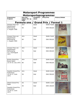 Motorsport Programmes Motorsportsprogrammer Formula