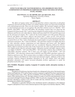 Effects of Organic Matter Removal and Adsorbate Solution Composition on Phosphate Sorption by Selected Soils of Kwara State Were Studied