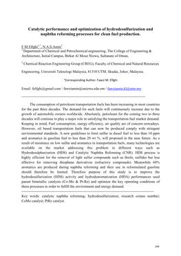 Catalytic Performance and Optimization of Hydrodesulfurization and Naphtha Reforming Processes for Clean Fuel Production