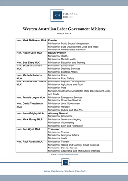 Western Australian Labor Government Ministry March 2019