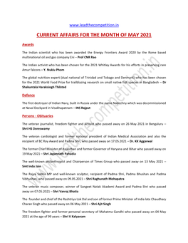 Current Affairs for the Month of May 2021