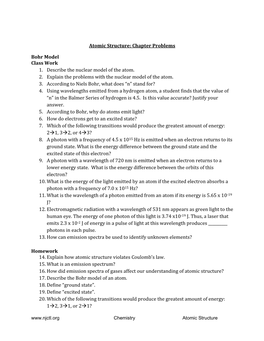 Atomic Structure: Chapter Problems Bohr Model Class Work 1. Describe