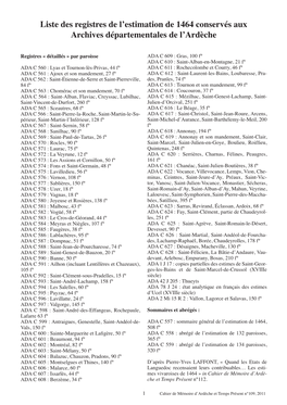 Liste Des Registres De L'estimation De 1464 Conservés Aux Archives