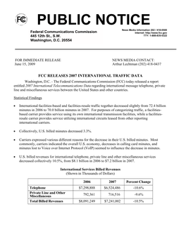 PUBLIC NOTICE News Media Information 202 / 418-0500 Federal Communications Commission Internet: 445 12Th St., S.W