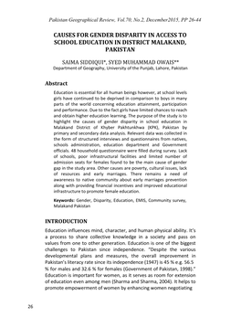 Causes for Gender Disparity in Access to School Education in District Malakand, Pakistan