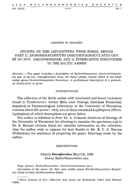 Studies on the Lepidoptera from Fossil Resins. Part Ii. Epiborkhausenites Obscurotrimaculatus Gen. Et Sp. Nov. (Oecophoridae) An