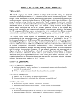 AP French Language and French Culture Is a College-Level Course for Willing and Prepared Students in Their Fifth Year of French