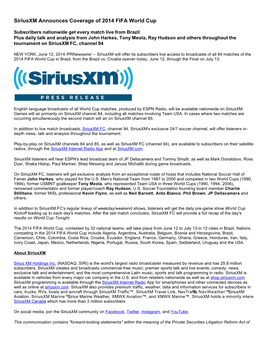 Siriusxm Announces Coverage of 2014 FIFA World Cup