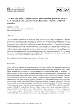 Zootaxa, the Acer Seed Midge, Acumyia Acericola, an Unusual New