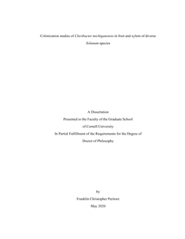 Colonization Studies of Clavibacter Michiganensis in Fruit and Xylem of Diverse Solanum Species