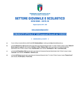 COMUNICATO UFFICIALE N° 028/Campionati Giovanili Del 12/09/2019