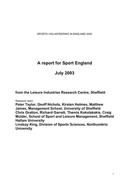 Sports Volunteering in England, 2002 Contents