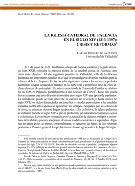 La Iglesia Catedral De Palencia En El Siglo Xiv (1313-1397): Crisis Y Reformas∗