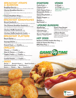 Breakfast Wraps & Burritos Sides Breakfast Sandwiches Omelets Breakfast Platters Pound Burgers Wings Starters Hot Dogs