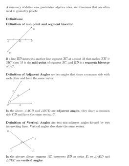 A Summary of Definitions, Postulates, Algebra Rules, and Theorems That