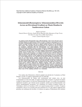 Ichneumonid (Hymenoptera: Ichneumonoidea) Diversity Across an Elevational Gradient on Monts Doudou in Southwestern Gabon