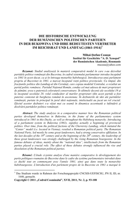 Die Historische Entwicklung Der Rumänischen Politischen Parteien in Der Bukowina Und Ihre Bedeutesten Vertreter Im Reichsrat Und Landtag (1861-1914)1