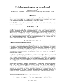 “Optical Design and Engineering: Lessons Learned”, Proc. SPIE 5865