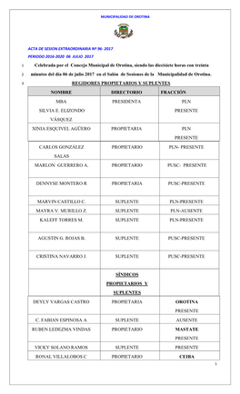 Acta De Sesion Extraordinaria Nº 96- 2017 Periodo 2016-2020 06 Julio 2017