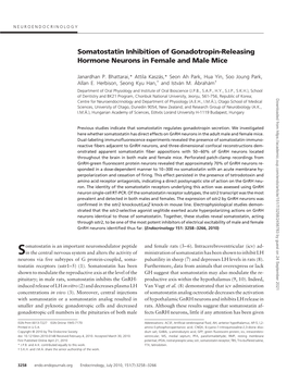 Somatostatin Inhibition of Gonadotropin-Releasing Hormone Neurons in Female and Male Mice