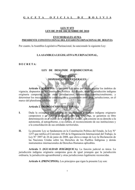 Ley Nº 073 Ley De 29 De Diciembre De 2010 Evo Morales Ayma