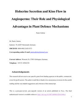 Holocrine Secretion and Kino Flow in Angiosperms