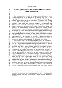 Tolkien's Pythagorean 'Dissonance' in the Ainulindalë of the Silmarillion