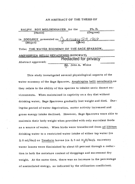 The Water Economy of the Sage Sparrow, Amphispiza Belli Nevadensis (Ridgway)