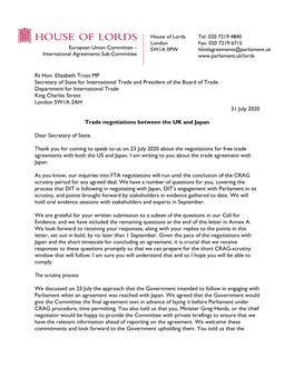 Letter from Lord Goldsmith QC to Rt Hon. Elizabeth Truss MP on Trade