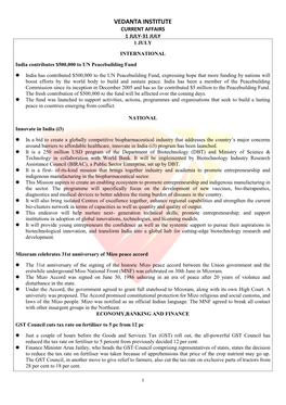 Vedanta Institute Current Affairs 1 July-31 July 1 July