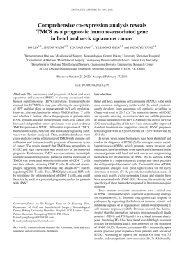 Comprehensive Co‑Expression Analysis Reveals TMC8 As a Prognostic Immune‑Associated Gene in Head and Neck Squamous Cancer