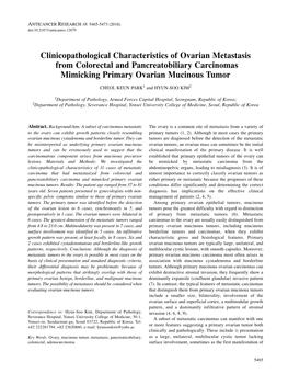 Clinicopathological Characteristics of Ovarian Metastasis from Colorectal and Pancreatobiliary Carcinomas Mimicking Primary Ovar