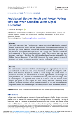 Anticipated Election Result and Protest Voting: Why and When Canadian Voters Signal Discontent