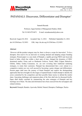 PATANJALI: Discoverer, Differentiator and Disruptor'