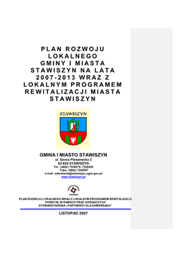 Plan Rozwoju Lokalnego Gminy I Miasta Stawiszyn Na Lata 2 0 0 7 - 2013 Wraz Z Lokalnym Programem Rewitalizacji Miasta Stawiszyn
