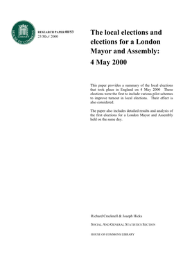 Local Elections and Elections for a London Mayor and Assembly: 4 May 2000