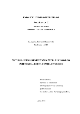 Naturalne Uwarunkowania Życia Duchowego Świętego Alberta