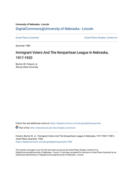 Immigrant Voters and the Nonpartisan League in Nebraska, 1917-1920