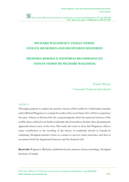 Richard Wagamese's Indian Horse: Stolen Memories and Recovered Histories Memoria Robada E Historias Recobradas En Indian Hors