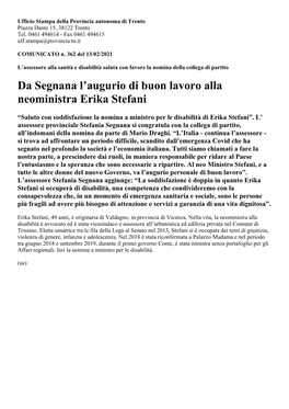 Da Segnana L'augurio Di Buon Lavoro Alla Neoministra Erika Stefani