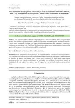 Heteroptera: Coreidae) in Chile, with a Key to the Species of Leptoglossus Guérin-Méneville Recorded in the Country