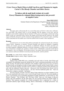 I Love You So Much I Have to Kill You:Eros and Thanatos in Angela Carter's the Bloody Chamber and Other Stories