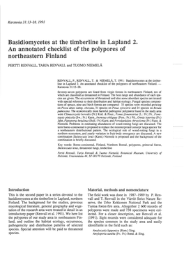 Basidiomycetes at the Timberline in Lapland 2. an Annotated Checklist of the Polypores of Northeastern Finland