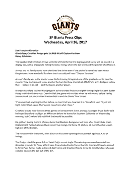 SF Giants Press Clips Wednesday, April 26, 2017