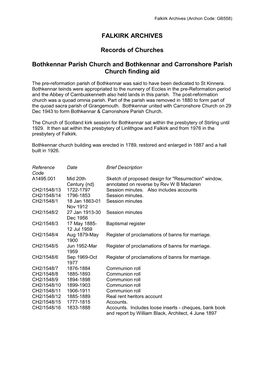 Bothkennar Parish Church and Bothkennar and Carronshore Parish Church Finding Aid