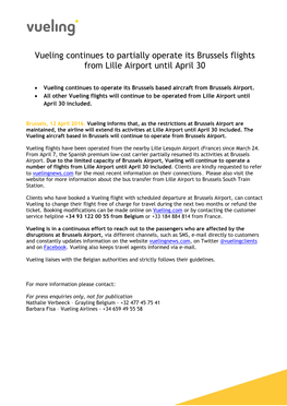 Vueling Continues to Partially Operate Its Brussels Flights from Lille Airport Until April 30