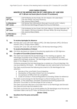 Minutes of the Meeting Held on Monday 22Nd / Tuesday 23Rd June 2020