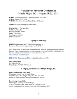 Vancouver Preterist Conference Maple Ridge, BC – August 23-25, 2018