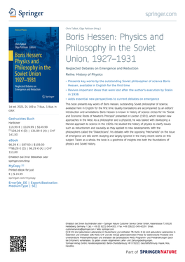 Boris Hessen: Physics and Philosophy in the Soviet Union, 1927–1931 Neglected Debates on Emergence and Reduction Reihe: History of Physics